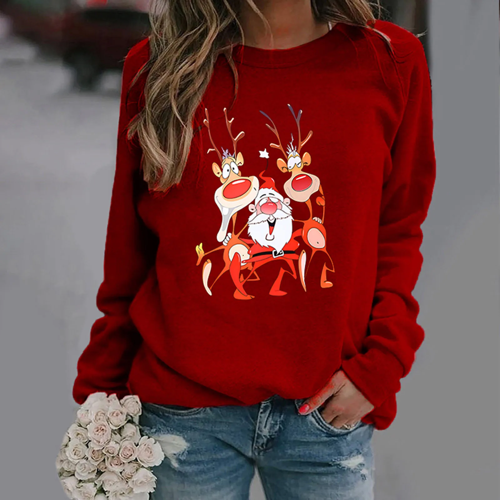 

Women Round Neck Long Sleeve Top Christmas Print Casual Loose Items Mom Ladies Large Sweatshirts Hiking Fleece Pullover Women