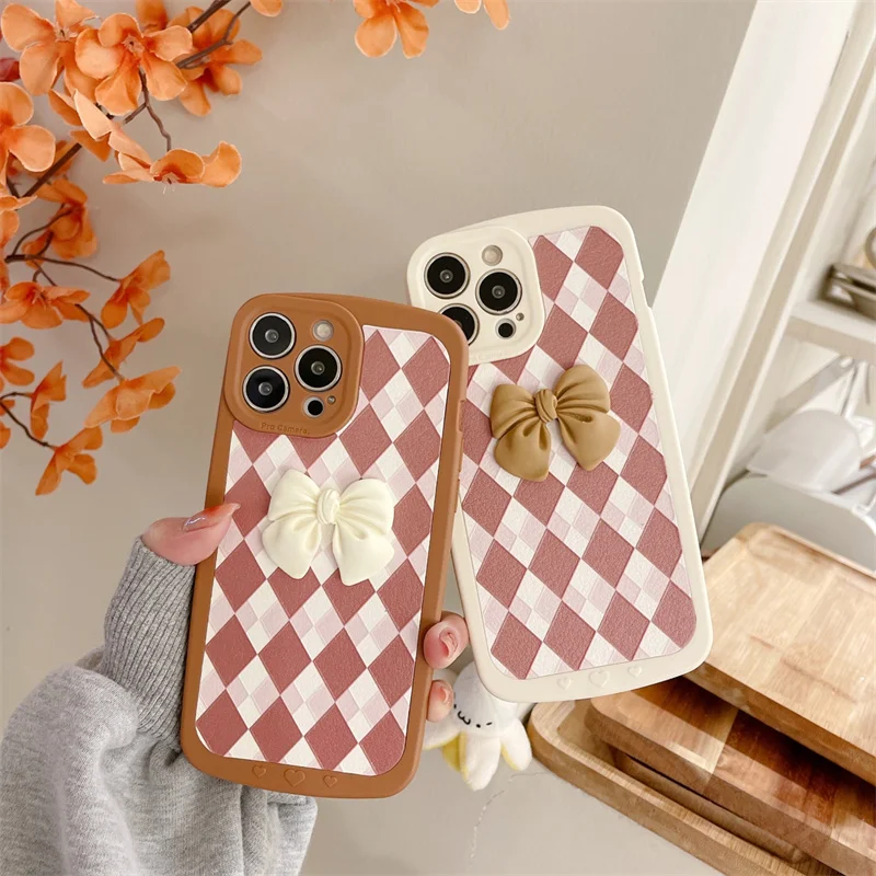 

Rhombus Lattice Three-dimensional Bow Sweet Skin-friendly Texture Cover For iphone 11 12 13 Pro X XR Xs Max 7 8 Plus Phone Case