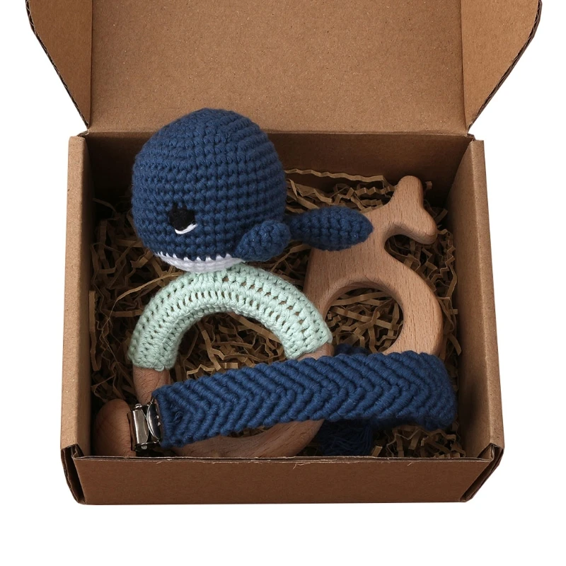 

1 Set Baby Newborn Knitted Cotton Dolphin Wooden Ring Teether+Pacifier Clip Chain Dummy Holder DIY Crochet Rattle Bracelet Molar
