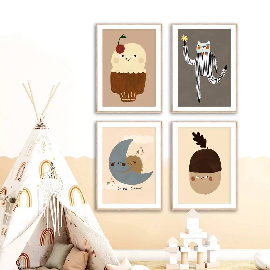 Винтажный постер с изображением кота вишни мороженого яблока солнца Луны