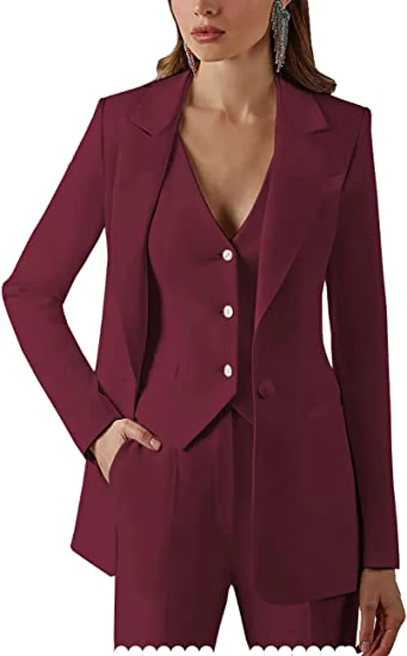 Women's Suits Formal Slim Fit 3 Piece Long Sleeved Elegant Blazer Notched Lapel Jacket and Adjustable Waist for Work Set