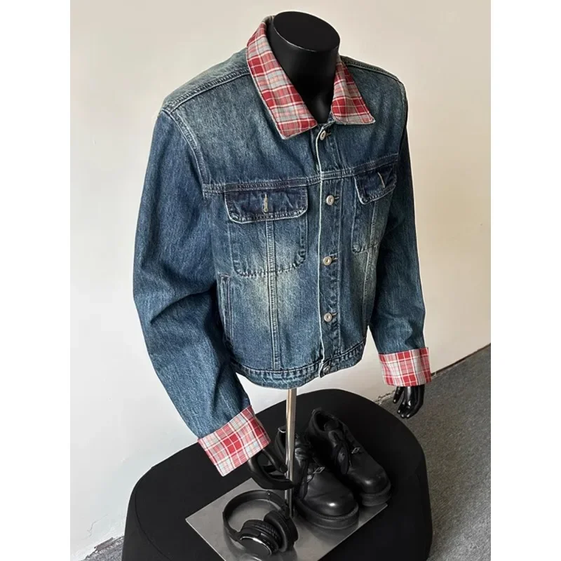 American Retro Plaid Lapel Jeans Jacket Men's Autumn Design Sense Shoulder Padded Splicing Tide