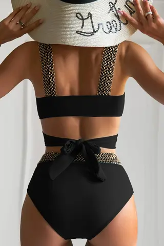 Cross High Waist Bikinis 2023 Women Black Swimwear Solid Swimsuit Female Beachwear Summer Bathers Bathing Suit Swimming
