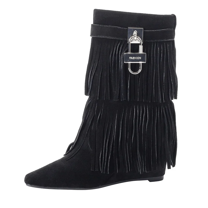 

retro suede leather ankle boots for woman western tassel riding boots high heel women shoes autumn winter wedges booties mujer