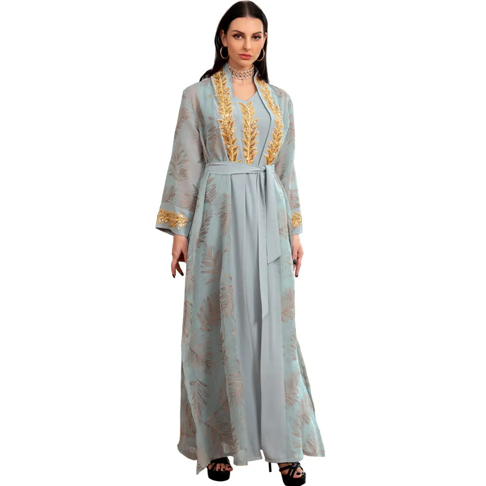 3psc/set Europe and America Middle East Muslim Dubai Arab Women Dress Sequins Evening Dress Lace Up Suit Robe Ramadan