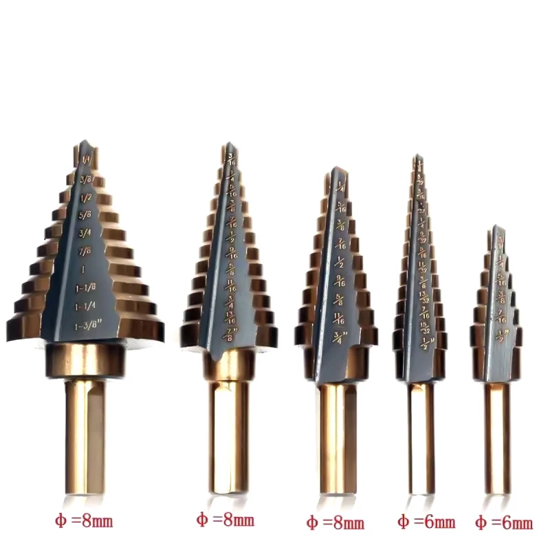 

ROSSONIX 5 Pieces Imperial Step Drill Bit Titanium Coated 4241 High Speed Steel Aluminum Box Set Metal Drilling Hole Power Tools