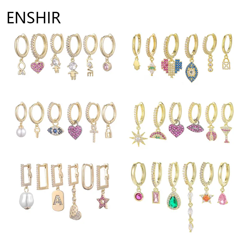 

ENSHIR Gold Color 6-piece Earrings Set for Women Pink Zircon Hoop Earrings Set Party Jewelry Gifts