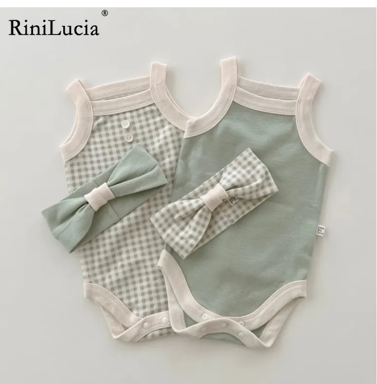 

RiniLucia Newborn Infant Baby Boys Girls Bodysuits Summer Button Solid Jumpsuits Casual Sleeveless Backless Outfits Clothes