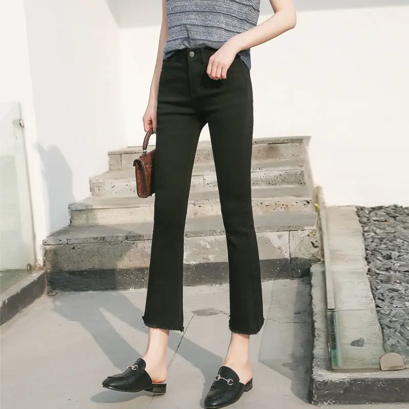 Spring Autumn High Waist Elastic Straight Denim Pants y2k Micro-bell Pants Jeans Women Korean Fashion Slim Flares Trouser Casual