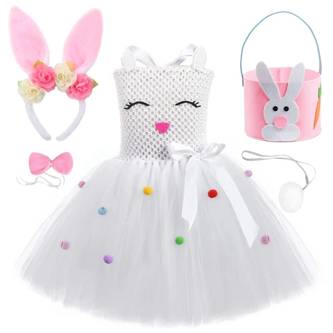 Детские Пасхальные костюмы в виде зайчиков для маленьких девочек, платье-пачка с белым кроликом и ушками, корзина с бантом, детский Косплей-костюм с животными на Хэллоуин