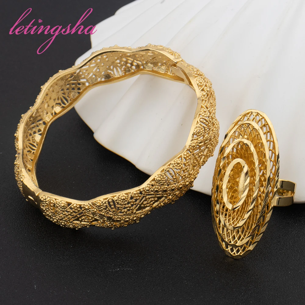 

Luxury Gold Plated Cuff Bangle Classic Rings Set Dubai Fashion Bracelets Adjustable Rings Jewelry Set For Anniversary Gifts
