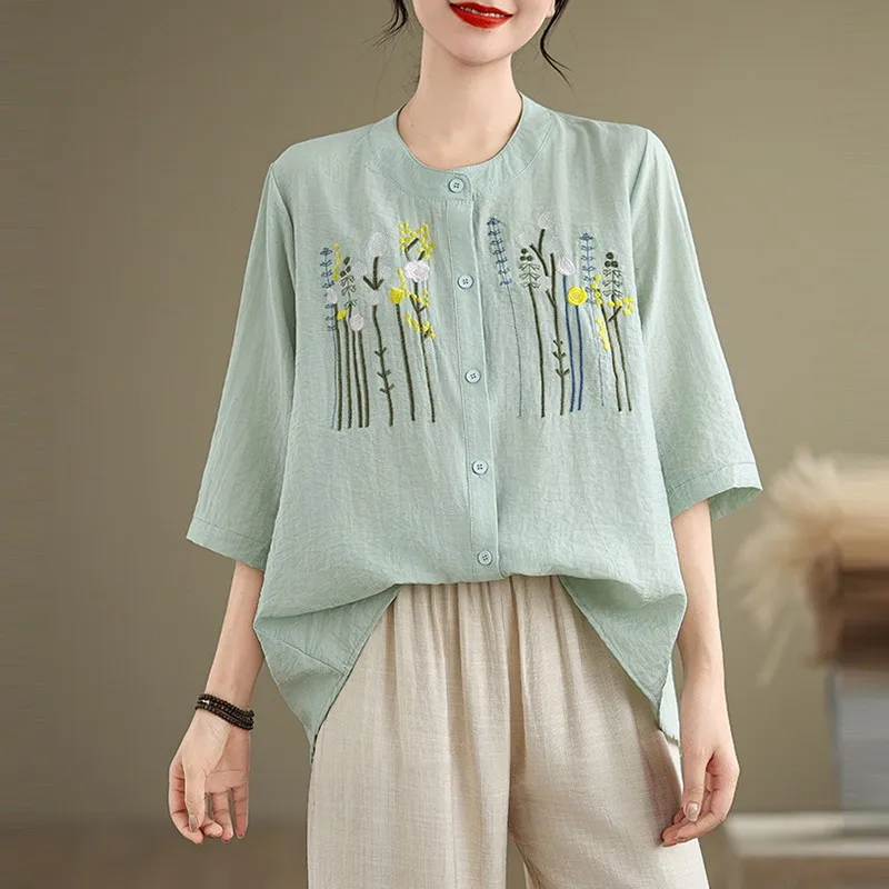 Женская Повседневная рубашка с цветочной вышивкой винтажная Свободная в