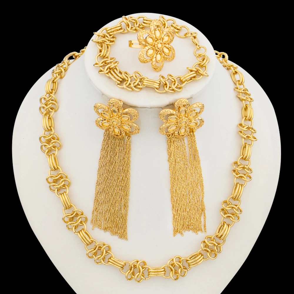 Exquisite Gold Color Jewelry Set for Women Bohemia Weddings Necklace with Earrings Bangle Ring 4Pcs Set for Bridal Party Jewelry