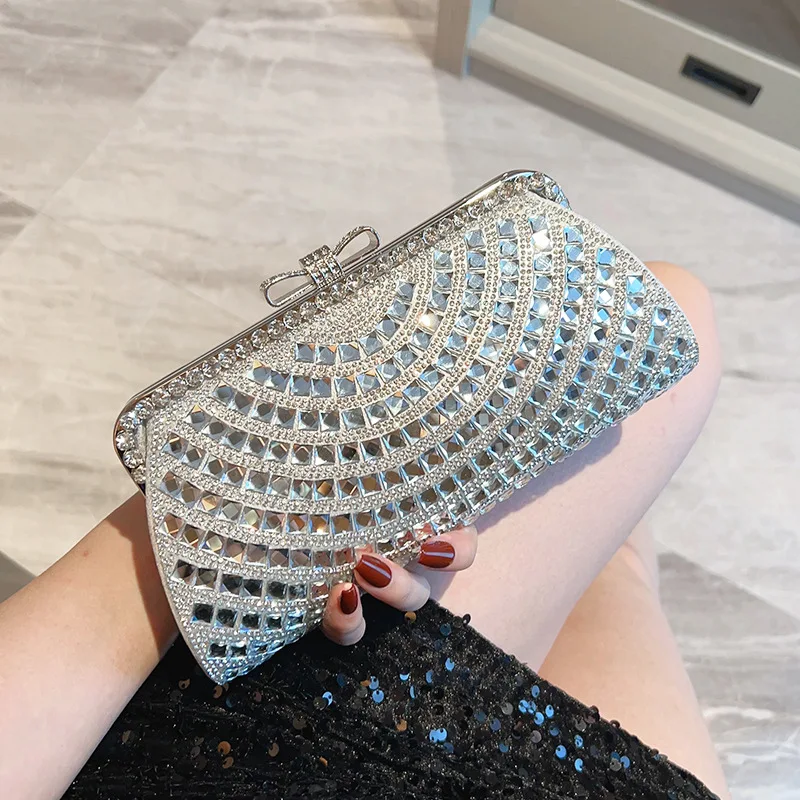 

New Single Side Diamond Evening Bags Bling Banquet Clutch Wallets Mini Bling Dinner Purse With Chain Silver Bags Drop Shipping