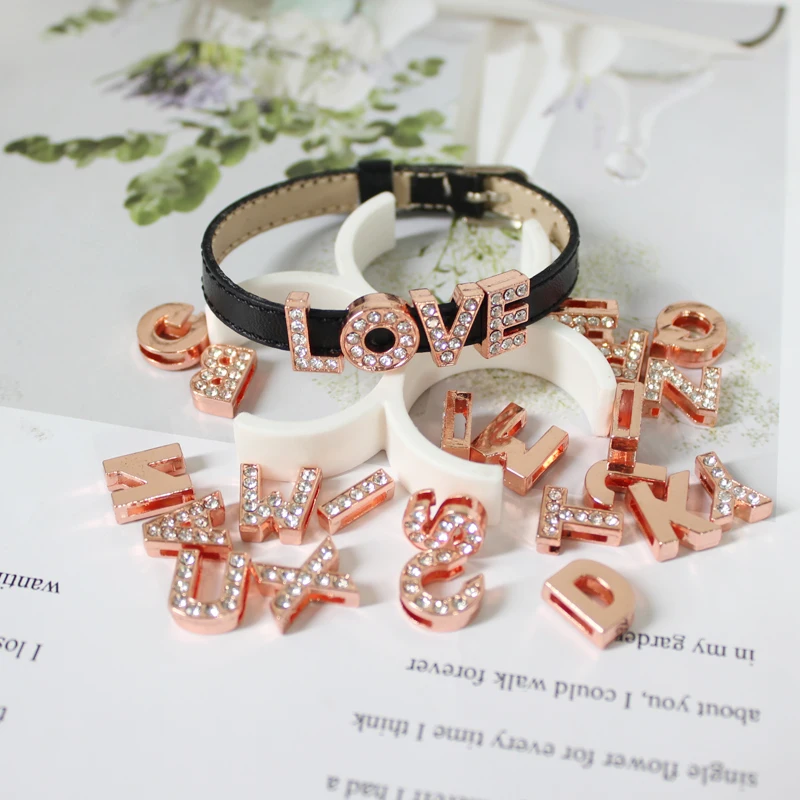 Rose Color Slide Letter Charms For Jewelry Making Necklace Bracelet 1pc 8mm Rhinestone Alphabet A-Z Pet Collar DIY Accessories - купить по