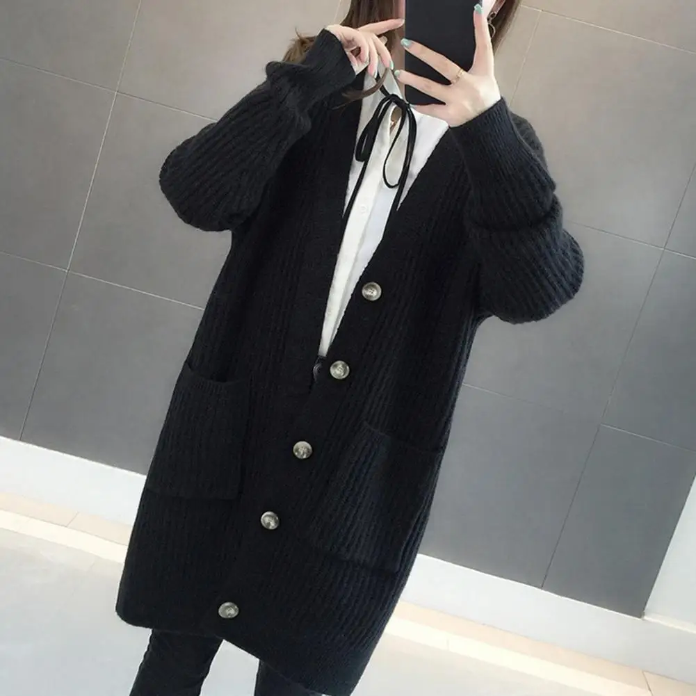 

Trendy Cardigan Style Pure Color Mid-Length Sweater Coat Knitted Jacket V-neck Cold Resistant