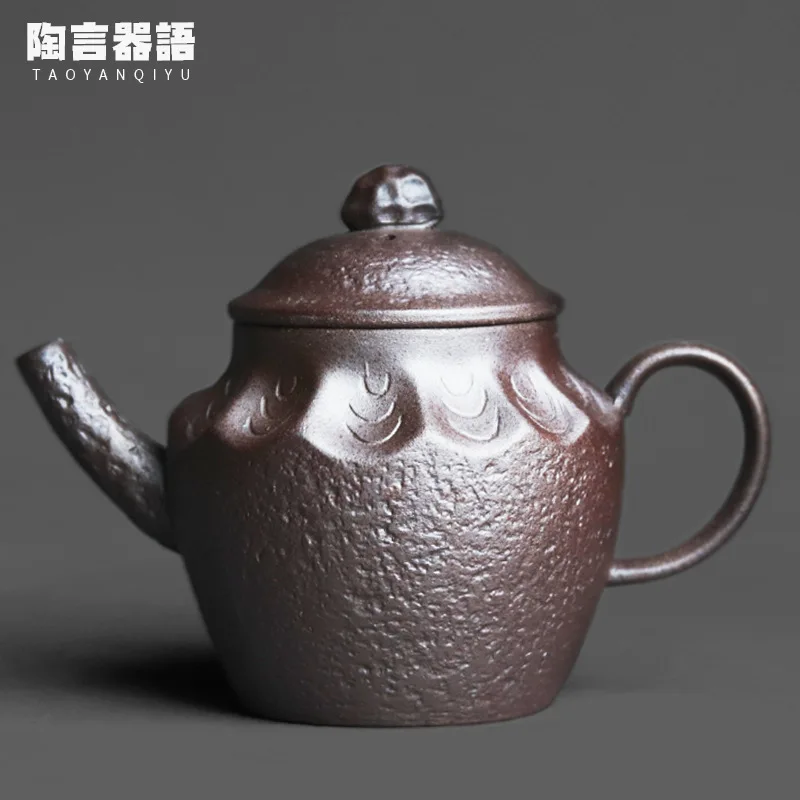 

Rock mine clay Taihu stone hand-held teapot unglazed plain burning relief texture Zen tea ceremony tea maker single kettle