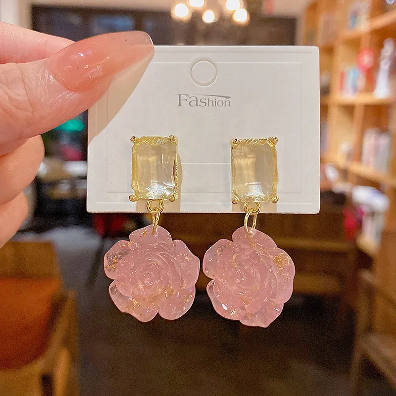 Crystal Flower Drop Earrings for Women Korean New Elegant Women's Luxury Niche Pink Rose Earrings Pure Love Pendant Earrings