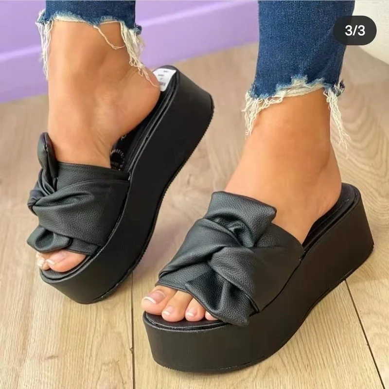 Thick Wedges Women Slippers High Heels Platform Bow Pu Leather Fad Sandals 2022 Summer Pumps Flip Flop Dress Slides Women Shoes