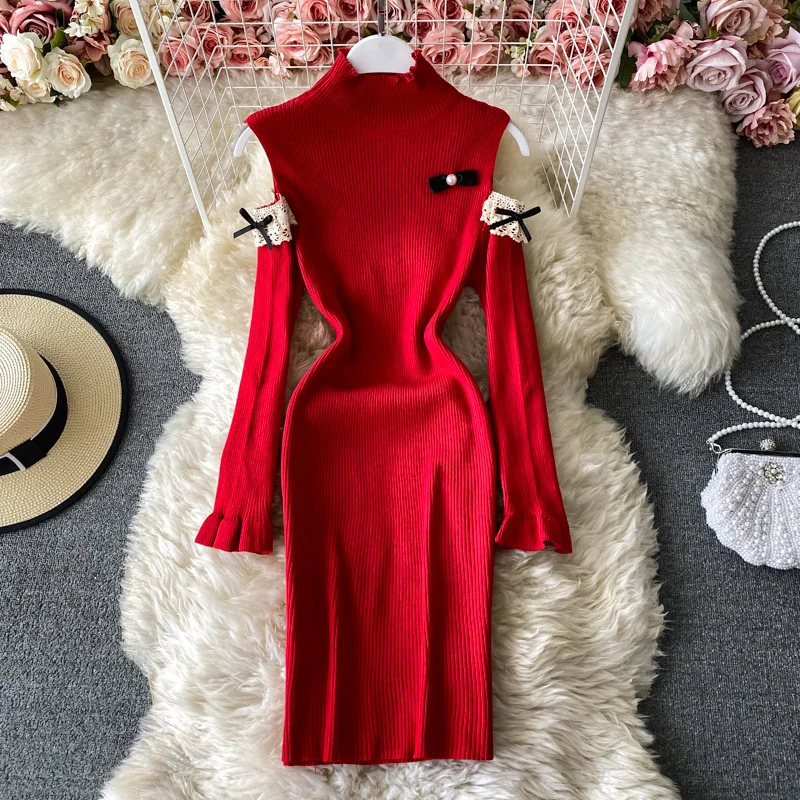 

Spring and Autumn New Temperament Ladies Sexy High Neck Strapless Long Sleeve Slim Hip Knit Dress Fashion Base Skirt 2022