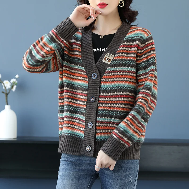 

Sweater coat cardigan women V-neck striped spring and autumn soft loose long sleeve knitted sweater top coat sweater women