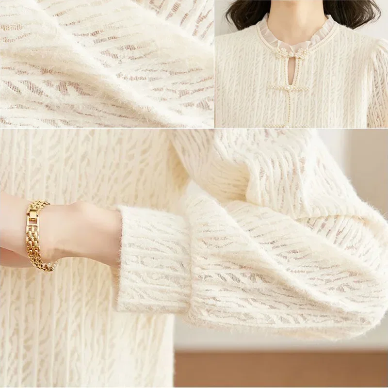 Женские блузки с рюшами M-5XL нежные винтажные китайские пуговицы утепленные