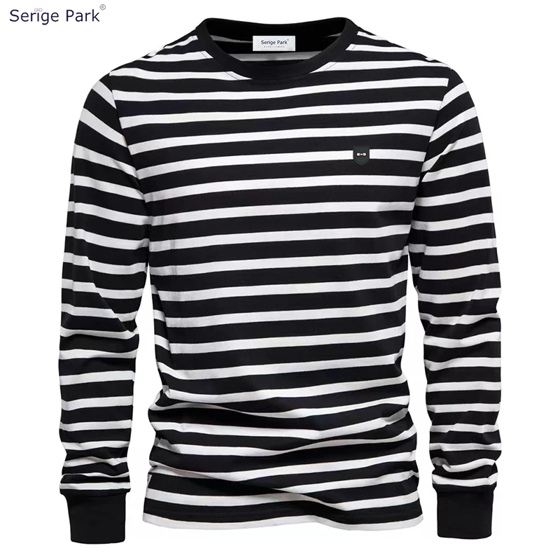 

Футболка Serige Park мужская с круглым вырезом, брендовая тенниска в полоску, Повседневная Качественная майка с длинными рукавами, из 100% хлопка, ...