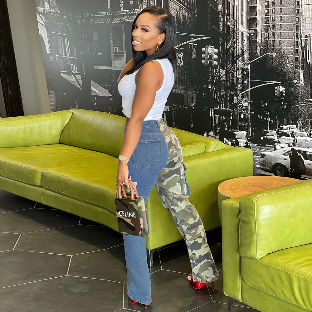 2023 Spring New Women's Pants Personalized Trendy Spliced Contrast Pockets with Elastic European and American Jeans for Women