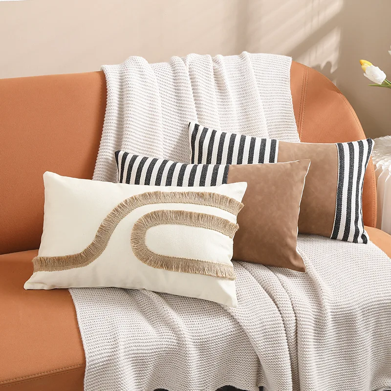 Home Decor Pillow Cover 45x45cm/30x50cm Faux Leather Cushion Cover Patchwork Stripe Brown For Living Room Bedroom Sofa Couch