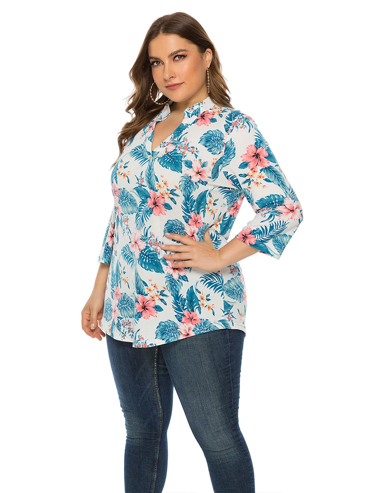 2022 Plus Size Women Clothing Summer Casual Flowers Print T Thirt O Neck For Women's Tunic Peplum Fashion Tops Blouse Tee