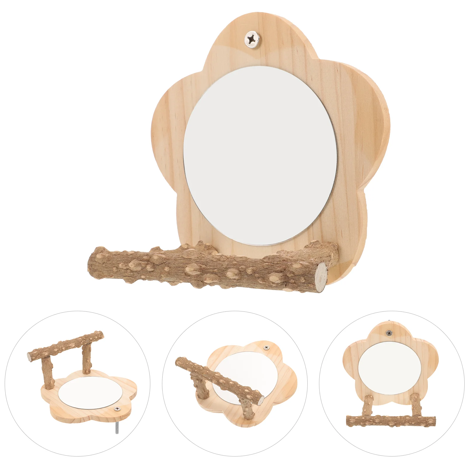 

Cage Parrot Perch Bird Toy Supply Mirrors Pet Training Standing Rack Wooden Decorative