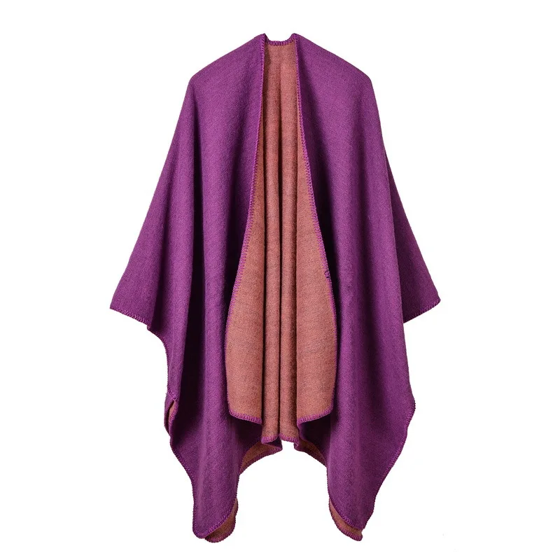 Autumn Winter Solid Color Imitation Cashmere Large Fork Shawl Warm Monochrome Cloak  Ponchos Capes Purple