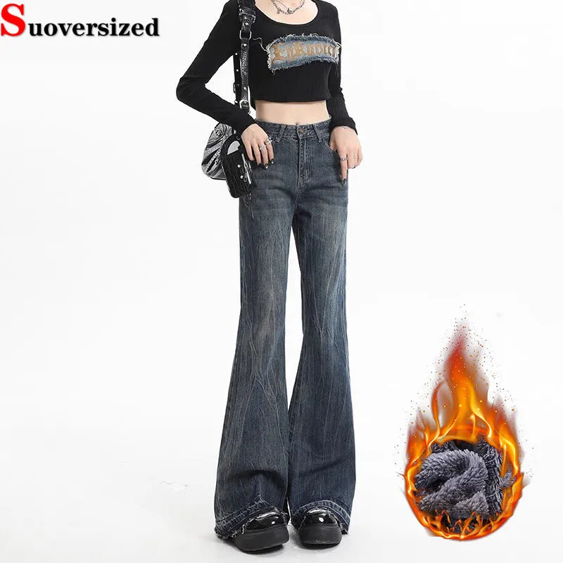 Теплые винтажные расклешенные джинсы на бархатной подкладке новая зимняя