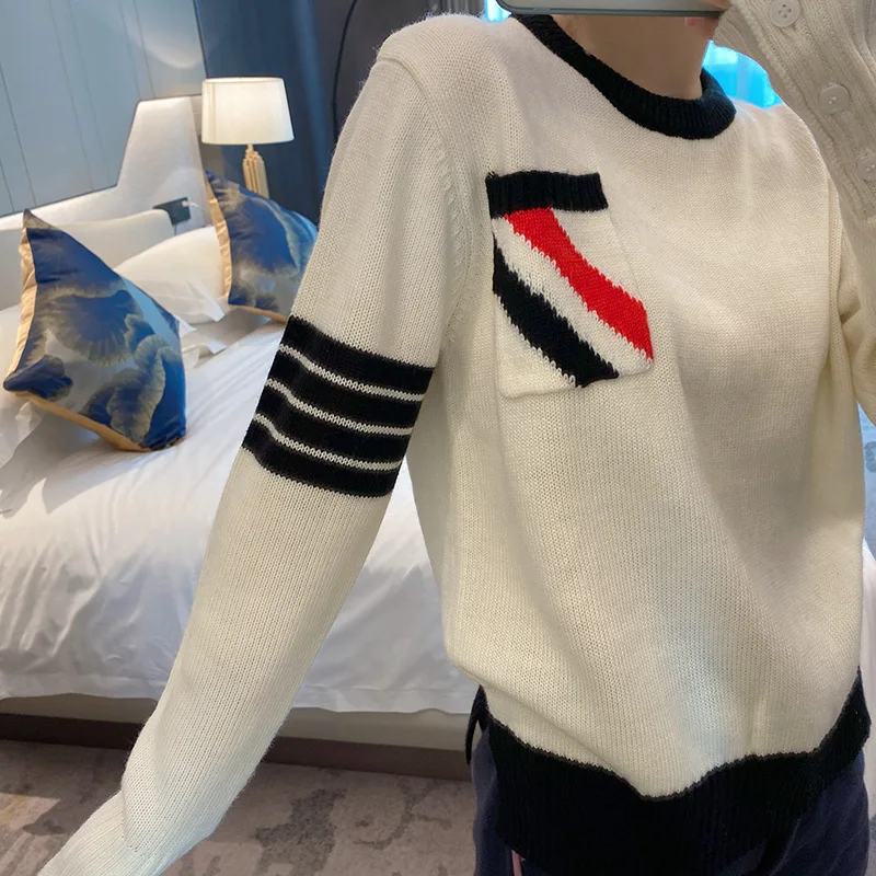 

High Quality TB Four-bar Pocket Red, White, Blue Cardigan Sweater Slash Pullover Casual Men's and Women's Knitwear Trend