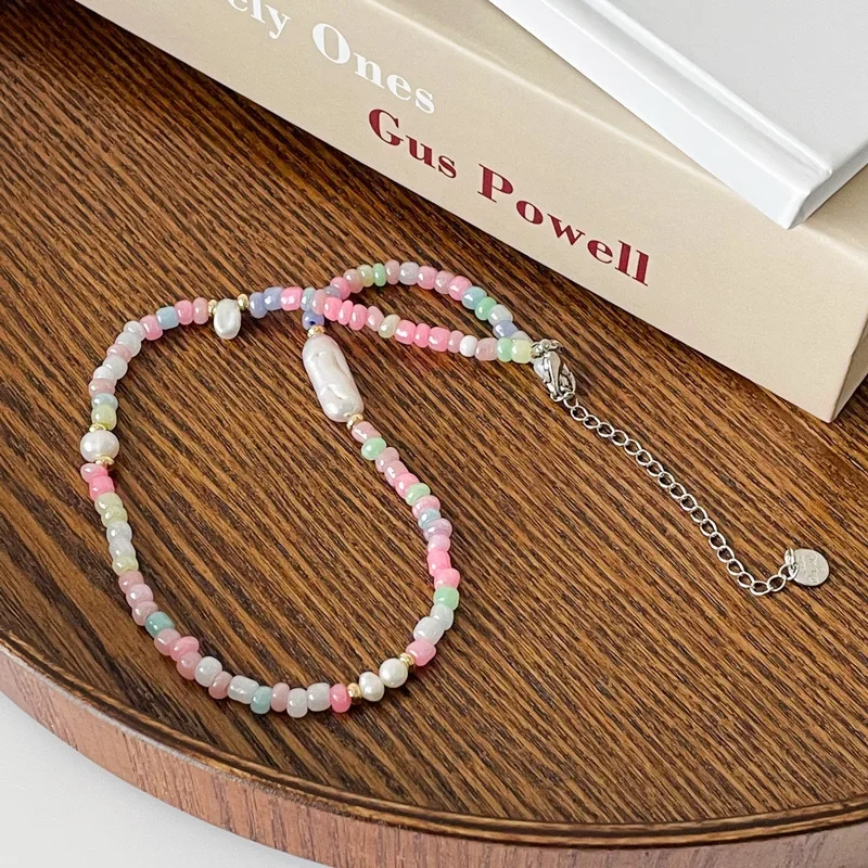 Модное корейское ожерелье INS Niche с розовым натуральным пресноводным жемчугом в