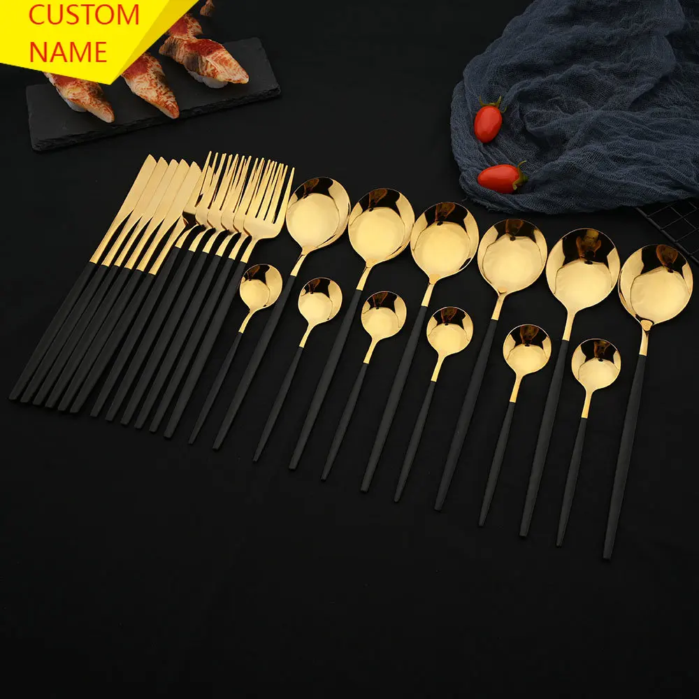 

Personalized Name 24Pcs Stainless Steel Dinnerware Set Black Gold Cutlery Knife Dinner Luxury Flatware Wedding Tableware Set
