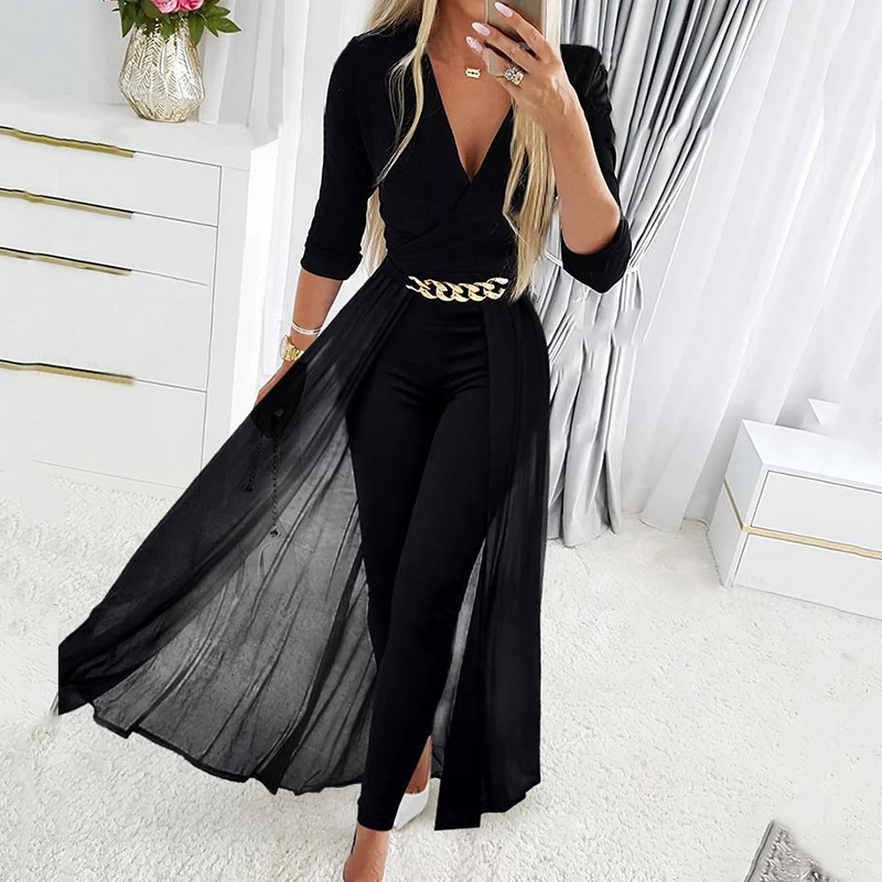 

Женский деловой комбинезон с длинным рукавом, приталенный длинный брючный комбинезон с цепочкой и Поясом Вечерние модный однотонный комбинезон с V-образным вырезом и шалью для вечеринки