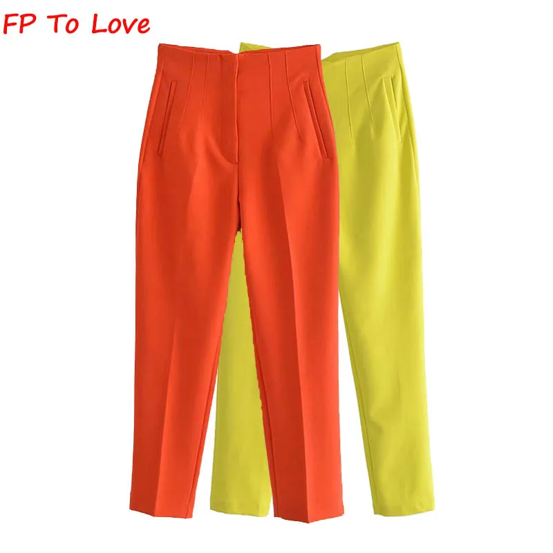 

Woman Pencil Pants Elegant Casual High Waist Zipper Trousers Suit 2022 Spring Summer Long Bright Blue Green Beige FP To Love