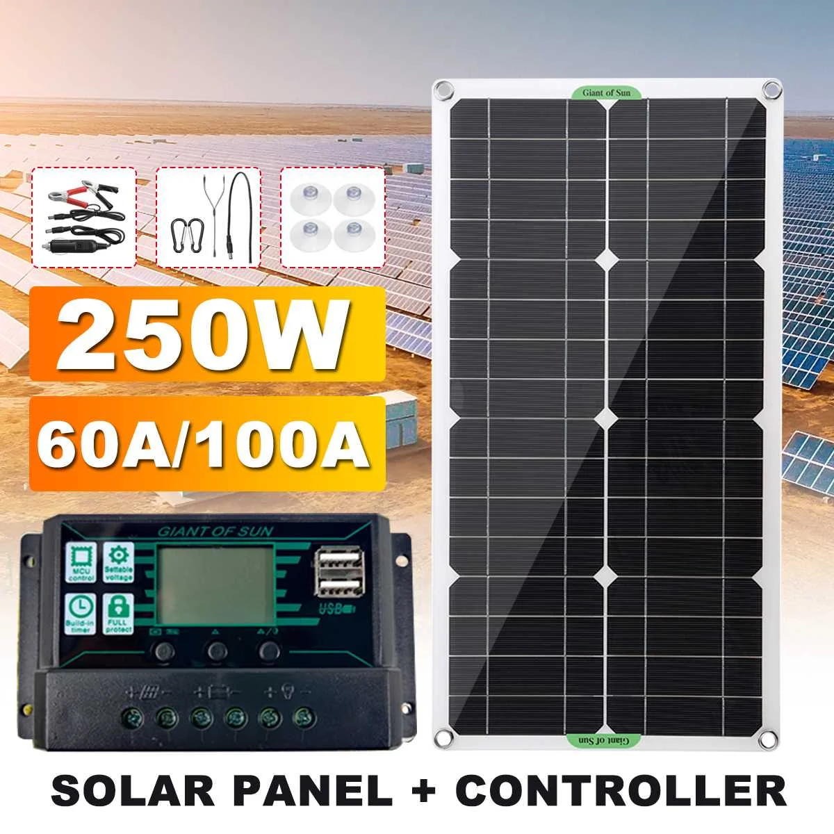 250W Solar Panel Kit Dual DC USB Charger Kit Single Crystal Semi-flexible Solar Power Panel  60A/100A Solar Controller