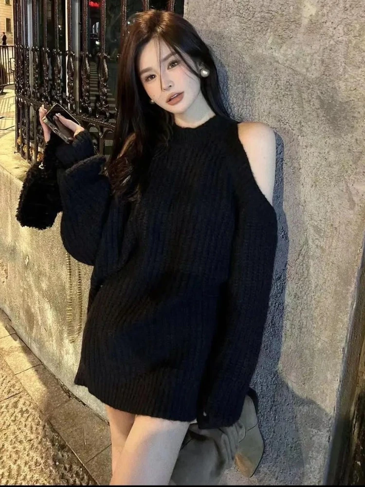 QWEEK корейский вязаный свитер с открытыми плечами женский Kpop модная уличная