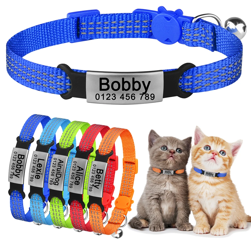 

Adjustable Customize Name Nylon Cat Personalized Id Collar Bell Pet Products Small Fast Breakaway Unisex Kitten Supplies Cat Tag