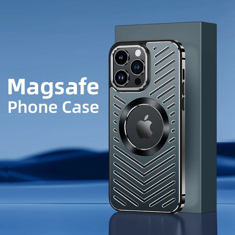 

Luxury Logo Hole Heat Dissipation Metal Phone Case For iPhone 12 13 14 Pro Max Magsafe Magnetic Stainless Steel Hard Funda Cover