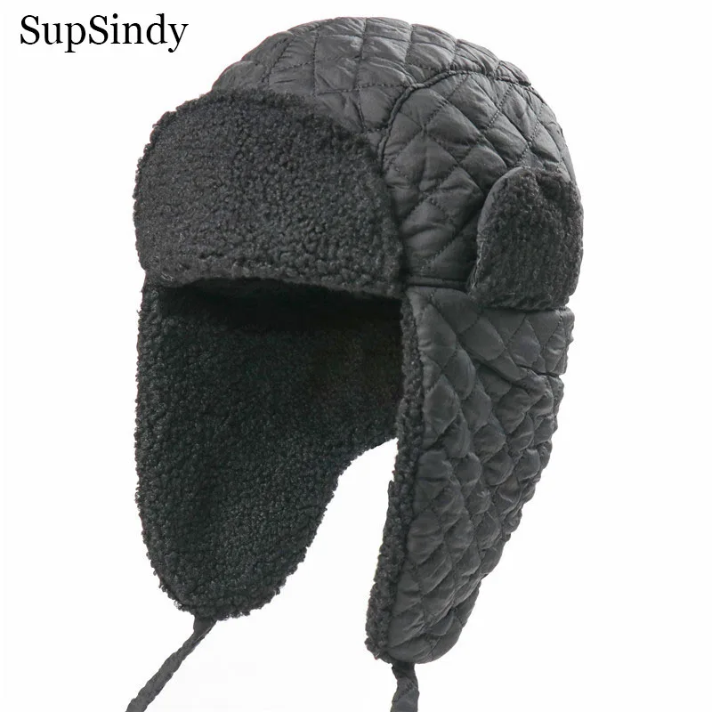 

SupSindy Men Warm Winter Bomber Hats Outdoor Windproof Faux Wool Fur Pilot Earflap Hat For Women Cotton Ushanka Thermal Snow Cap