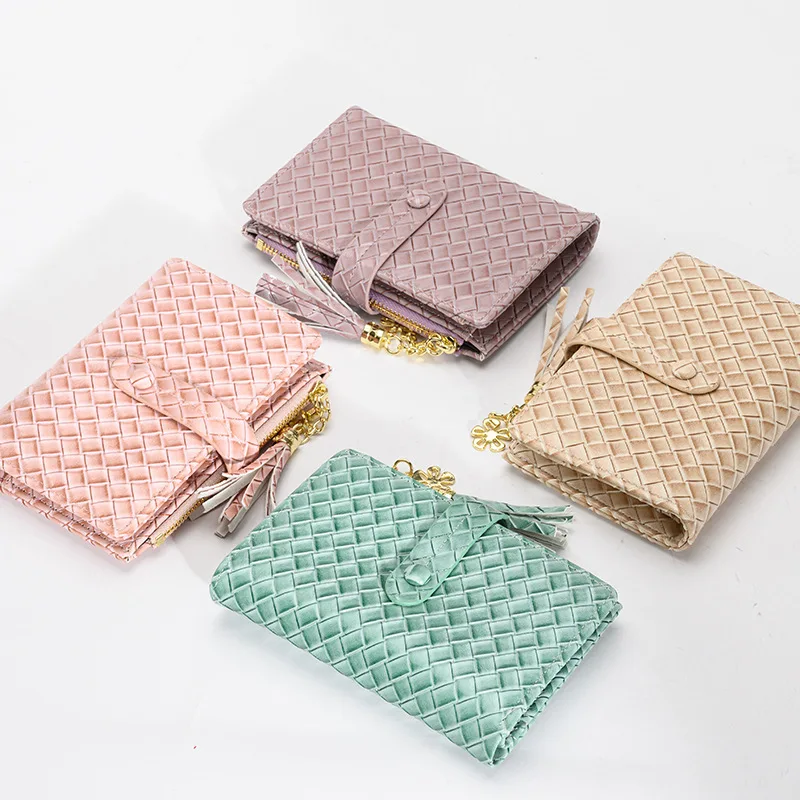 Leather Wallets for Girls Cute Colorful Tassel Pendant Woven Handbag Multi-Card Coin Purse