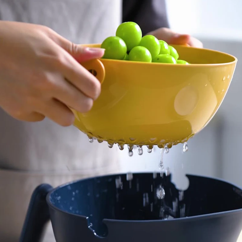 

New Kitchen Rotatable Double Drain Basket Fruits Vegetables Washing Storage Basket Strainers Bowl Cleaning Filter Colander Tool