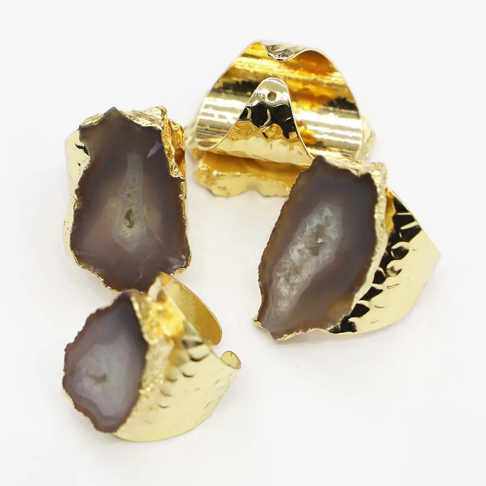 

Exquisite Natural White Irregular Quartz Drusy Adjustable Rings Raw Agates Geode Finger Gold Fashion Boho Jewelry Wholesale 4Pcs