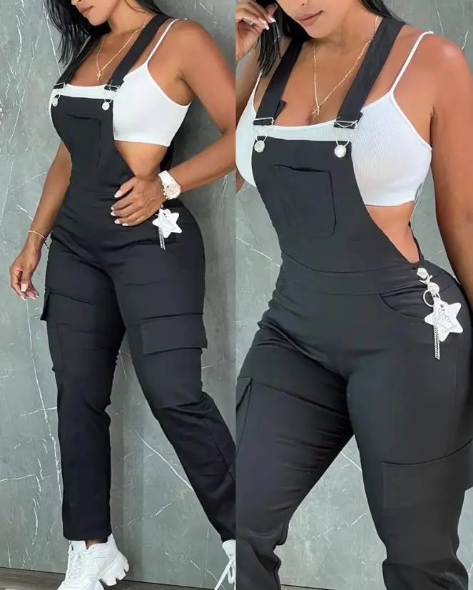 

Женский Длинный комбинезон на бретелях, элегантный повседневный слитный комбинезон без рукавов с карманами, лето 2023
