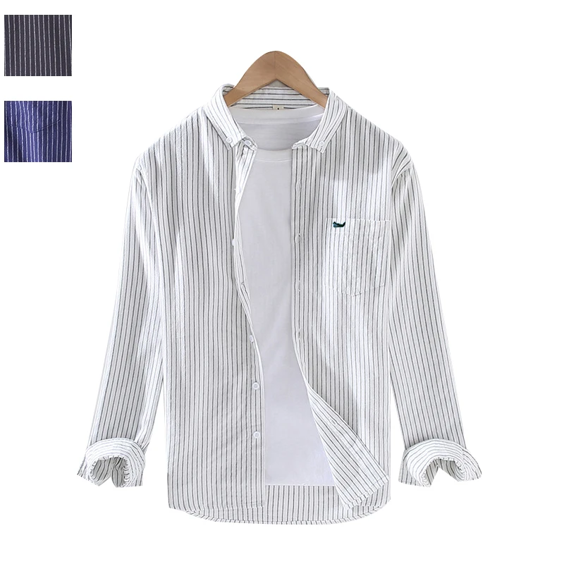 

Casual Cotton Men Shirts Patch Pocket Long Sleeve Thin Regular Loose Embroidery Logo Spring Summer Striped Shirt 1042