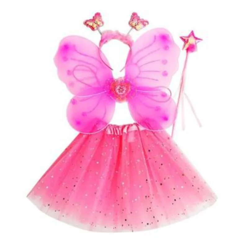 

4PCS Kids Costume Butterfly Wings Lace Puffy Skirt Set Angel Fairy Rod Tutu Skirts Performance Baby Girl Birthday Gift Party