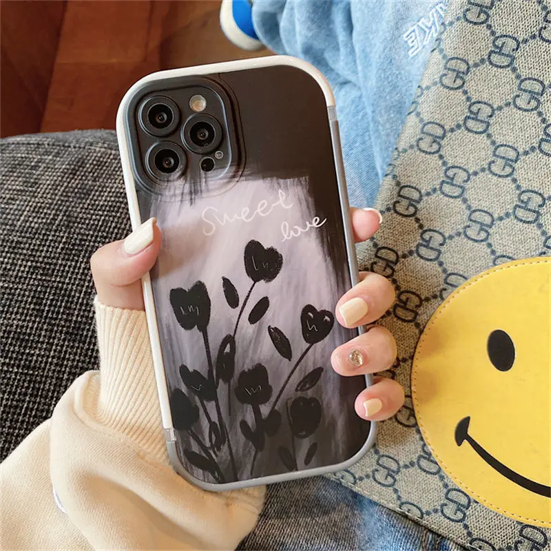 

Fashion Black Tulip Silicone Case For iPhone 13 12 11 Pro Max X XR XS Max